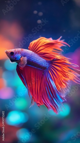 Betta fish swimming in colorful aquarium