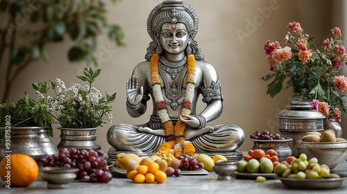 A beautifully decorated silver idol of Lord Dhanvantari (the god of medicine), with offerings of fruits and flowers placed in front, with copy space photo