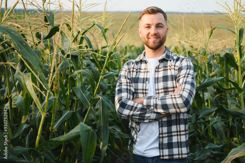 A man inspects a corn field and looks for pests. Successful farmer and agro business