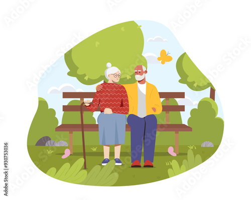 Elderly couple at bench. Old man and woman relaxing in city park. Grandfather and grandmother on romantic date. Love and romance. Flat vector illustration isolated on white background