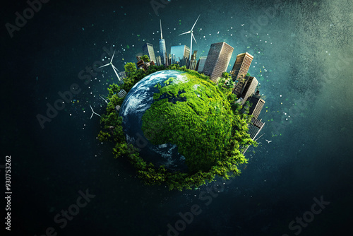small green planet featuring skyscrapers and wind turbines represents sustainable urban living and eco-friendly development