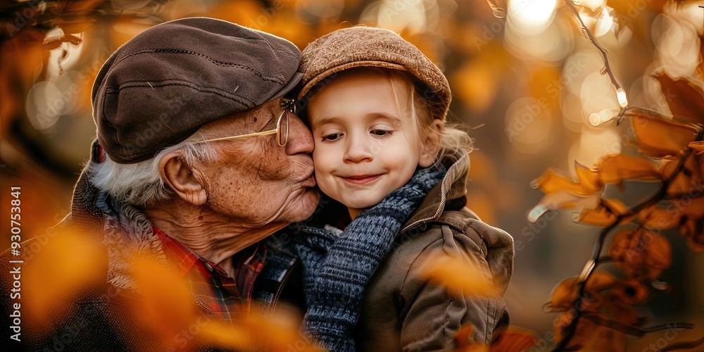 Fototapeta premium Grandpa kissing grandchild on the cheek