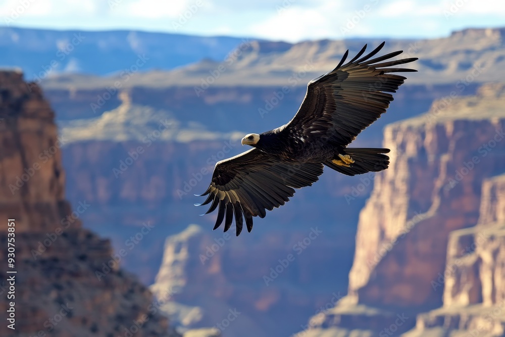 Fototapeta premium Majestic bald eagle in flight over the rugged landscape of the Grand Canyon, showcasing its impressive wingspan