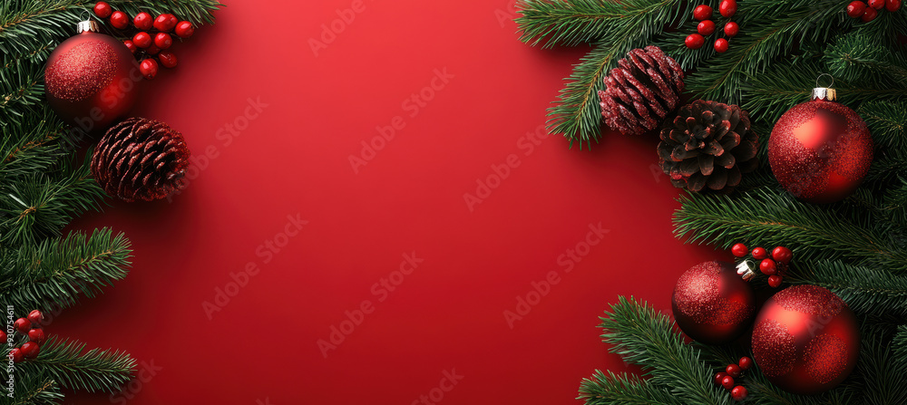 Christmas Decorations on Red Flat Lay Christmas Decorations on Red Flat Lay