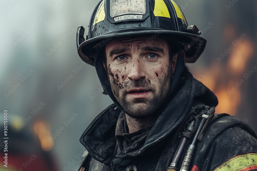 Determined Firefighter with Sooty Face in Aftermath of Fire Determined Firefighter with Sooty Face in Aftermath of Fire