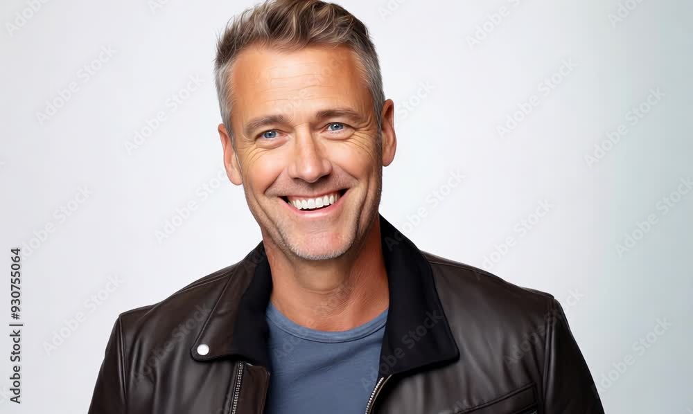 Portrait of a smiling young man in a leather jacket on a white background Portrait of a smiling young man in a leather jacket on a white background
