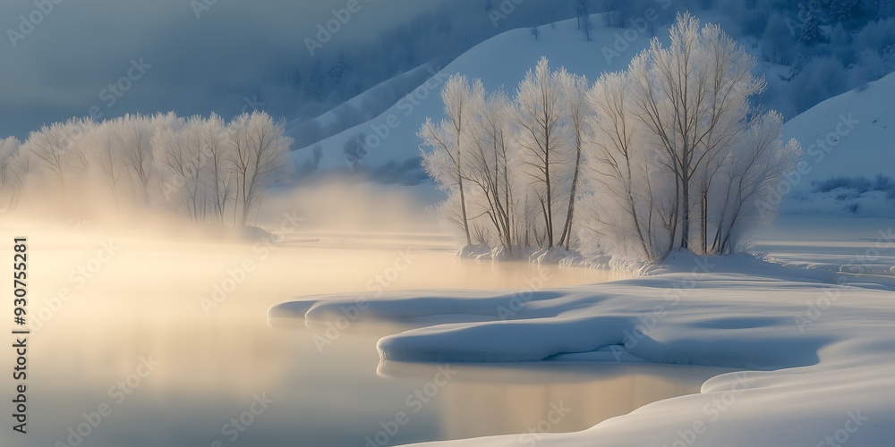 Frosty Trees and Misty River on a Winter Morning Frosty Trees and Misty River on a Winter Morning