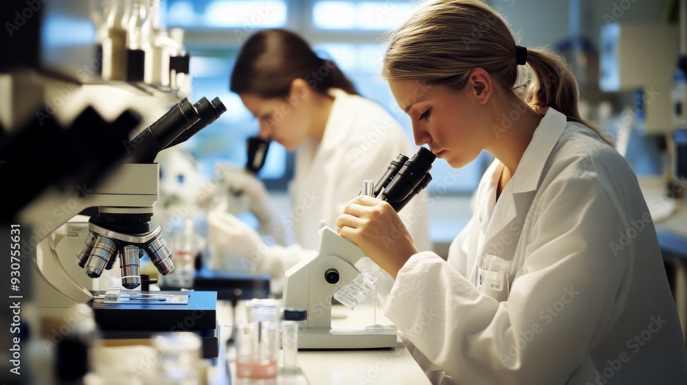 Two female lab technicians are conducting research, collaborating closely on their experiments while exchanging ideas and insights, each bringing her unique expertise to the table as they worked Two female lab technicians are conducting research, collaborating closely on their experiments while exchanging ideas and insights, each bringing her unique expertise to the table as they worked