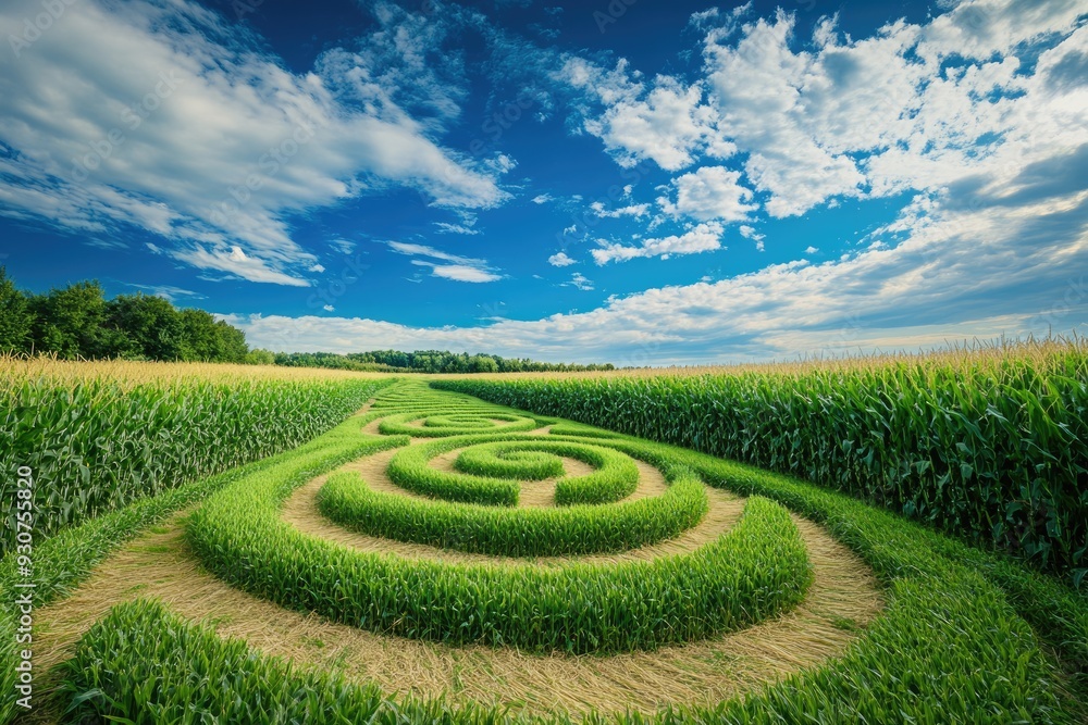 Cereal Maze in Nature: Corn Field Maze Surrounded by Green Grass and Blue Sky