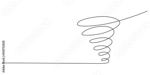Storm with tornado - hand drawing one single continuous line banner. Vector stock illustration isolated on white background for design template weather forecast, travel blog. Editable stroke.