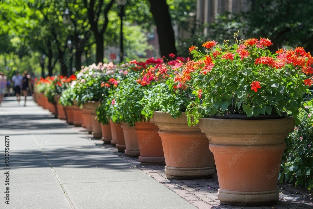 Large Planters. Row of Potted Plants with Summer Flowers in Downtown New York City Park Large Planters. Row of Potted Plants with Summer Flowers in Downtown New York City Park
