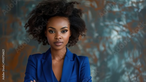 Portrait of a beautiful black business woman posing in a blue suit  photo