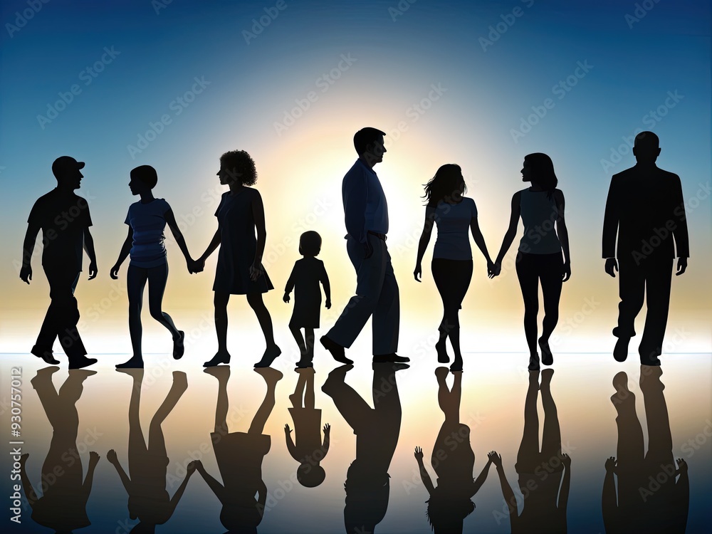 Fototapeta premium Silhouetted figures of various ages and body types walk together in a row, facing away from the camera, conveying a sense of community and unity.