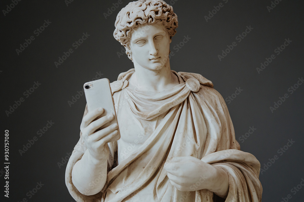 A classical marble statue humorously holds a smartphone blending ancient art with modern technology in a unique juxtaposition A classical marble statue humorously holds a smartphone blending ancient art with modern technology in a unique juxtaposition