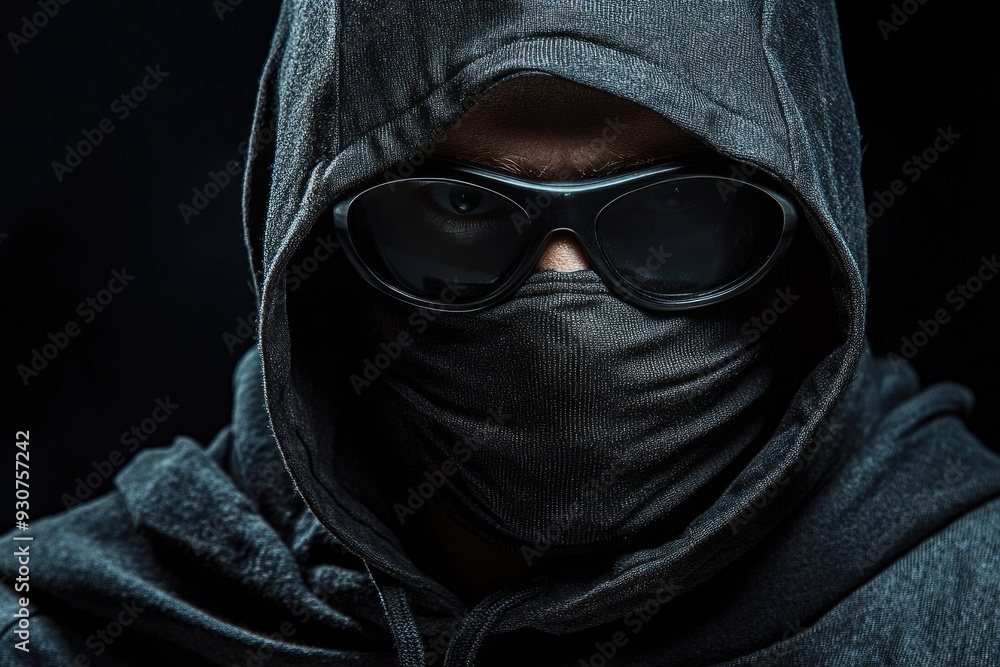 Cyber Attacker. Stylish Man in Dark Hoodie with Black Glasses and Mask on Dark Background Cyber Attacker. Stylish Man in Dark Hoodie with Black Glasses and Mask on Dark Background