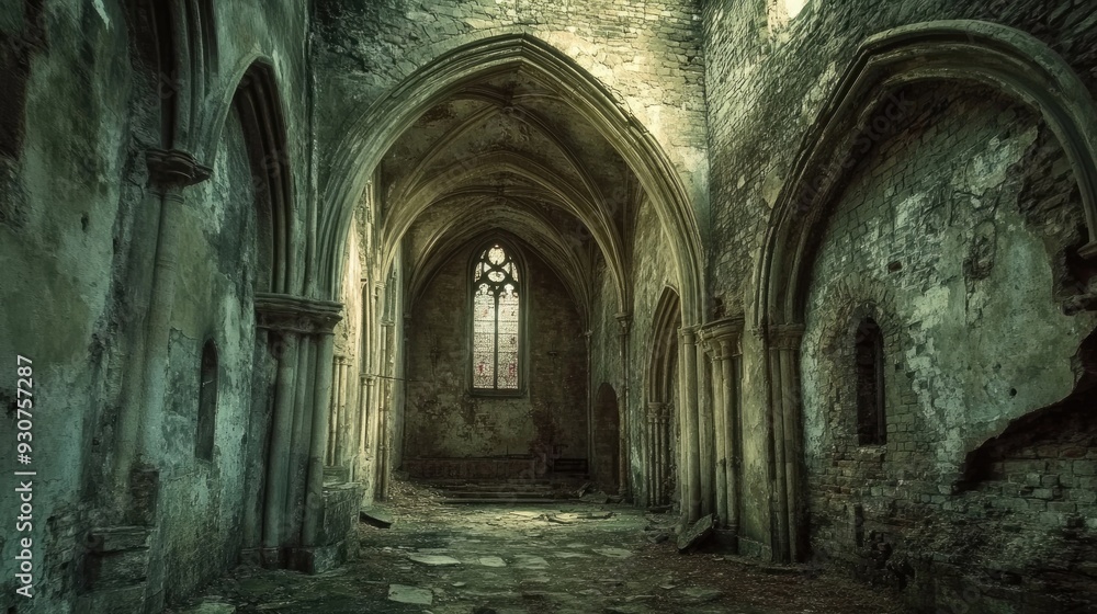Decayed Old Cathedral. Ancient Stone Architecture, Church Building with Medieval Arches Decayed Old Cathedral. Ancient Stone Architecture, Church Building with Medieval Arches