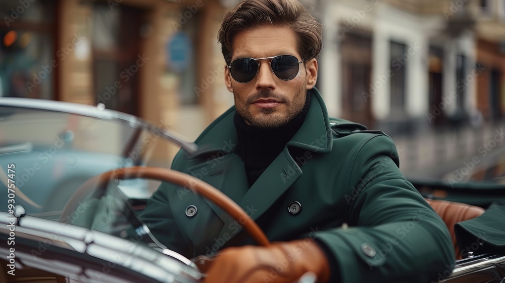 Stylish male white model wearing a green trench coat and sunglasses sits in a brown luxury car, luxury style Stylish male white model wearing a green trench coat and sunglasses sits in a brown luxury car, luxury style