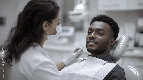 Atención a un paciente en el dentista, concepto de odontología y salud dental. Implantes, caries, extracciones. photo