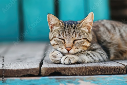 Itching Cat. Stray Cute Cat Scratching Its Body on Wooden Table with Beautiful Background