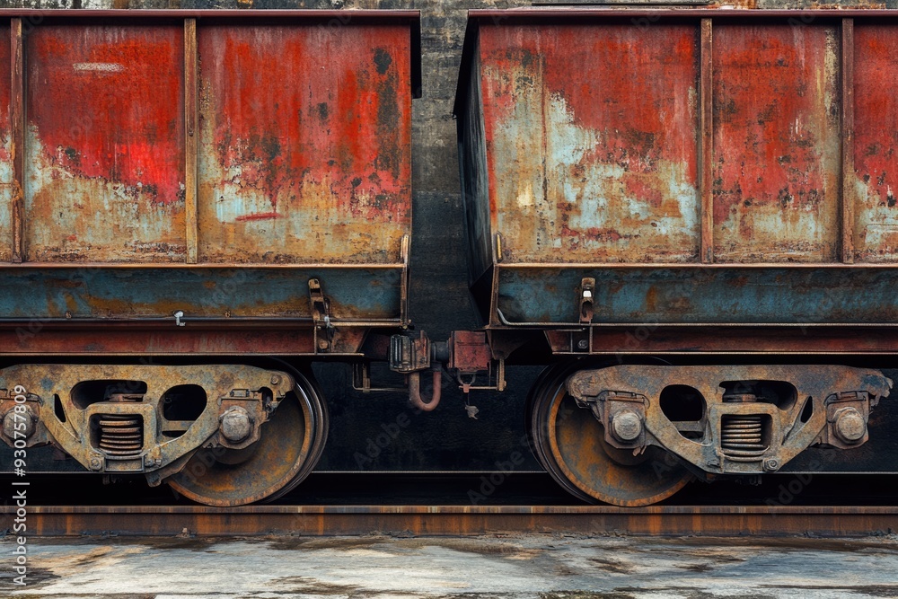 Naklejka premium Train Hopper. Two Old Hopper Cars Coupled Together for Transportation