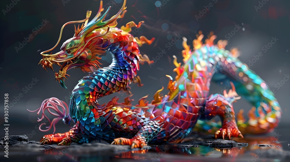 Fototapeta premium Zodiac signs for dragon made of coloured metal squares in 3D.