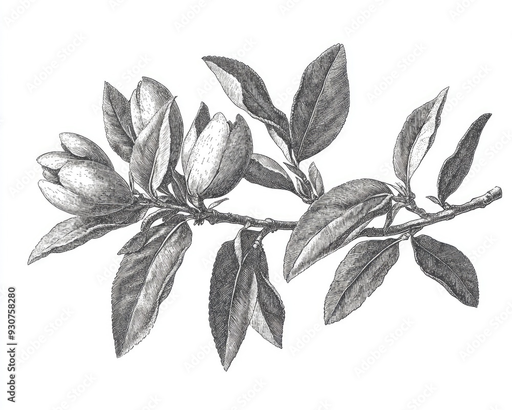 Almond Engraving. Antique Botanical Illustration of Almond Tree Branch