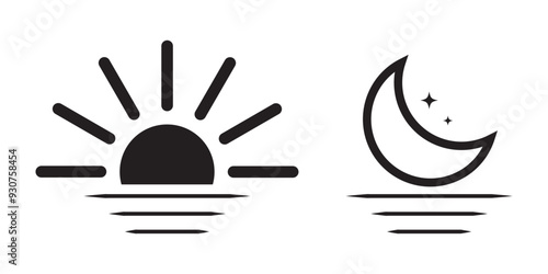 Set of time of the day icons. Sunset, sun, moon icons. Vector illustration