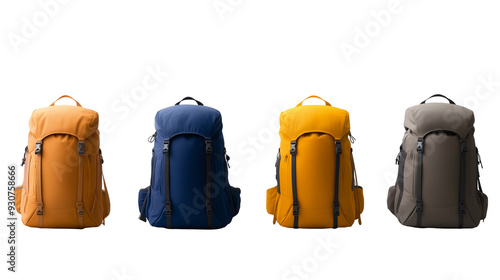 set of camping backpacks on transparent background, travel world adventures journey concept photo