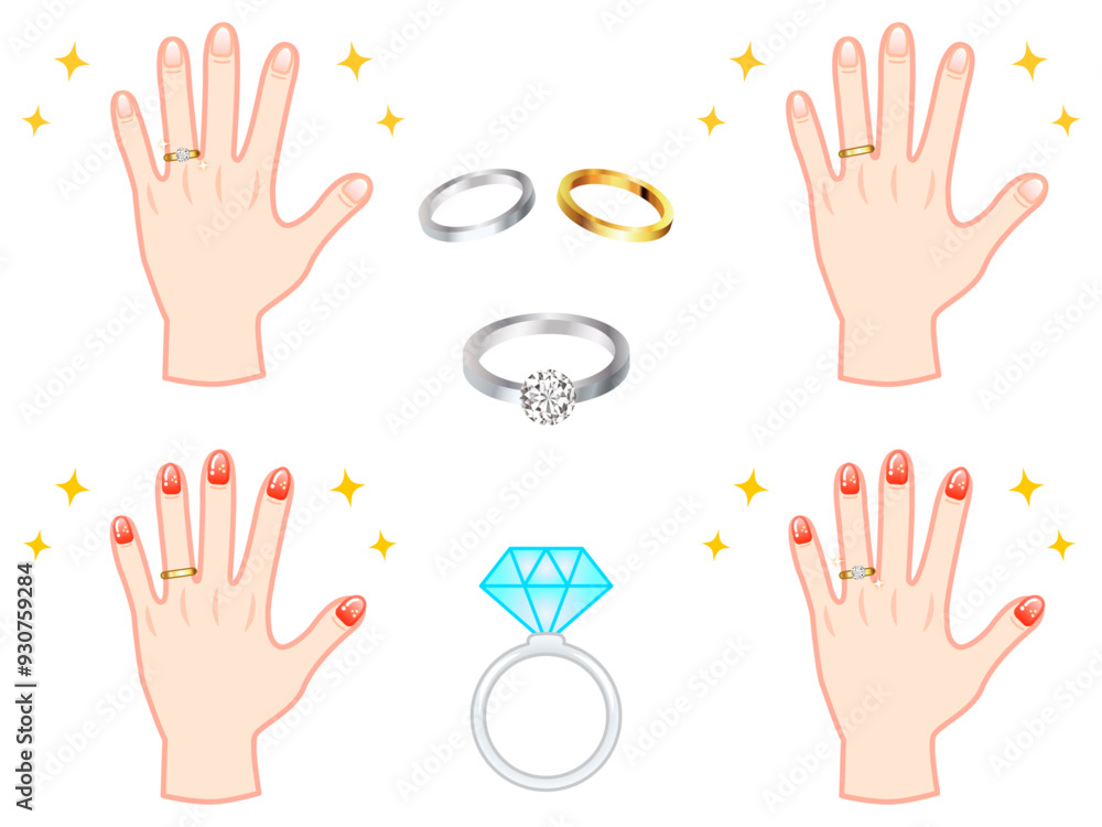 Fototapeta premium 美しい結婚指輪をつけた手と指輪のイラスト素材セット