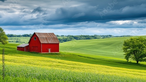 Iowa Spring. Rural Landscape with Red Barn, Green Fields, and Blue Sky