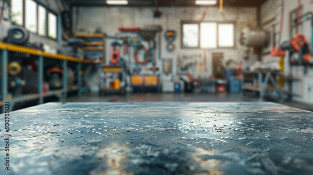A blurred workshop interior with tools and equipment in the background. A blurred workshop interior with tools and equipment in the background.