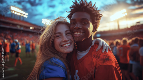 Smiling friends at sunset on a football field, celebrating after a game, diverse and joyful
