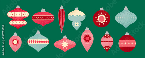 Christmas Balls in Minimalist Geometric style with Festive Abstract Ornament. Trendy Vector Illustration in flat style