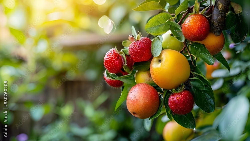 Obraz premium Sunlight streams through the branches, highlighting vibrant fruit on a tree.