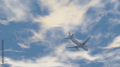 3D Animation: Passenger Airplane Flying Against a Cloudy Sky
