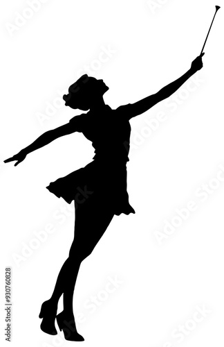 silhouette of a marching band majorette with baton isolated  photo