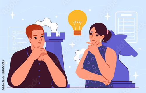 INTJ type people. MBTI personality type. Mental and psychological health. Man and woman with different mindsets and temperaments. Flat vector illustration isolated on blue background