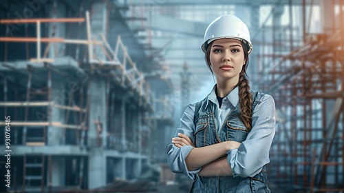 A confident woman in a hard hat stands in a construction site, showcasing industry professionalism.