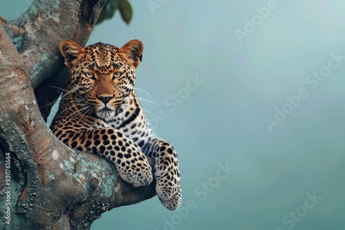 A leopard sits in a tree, looking directly at the camera photo