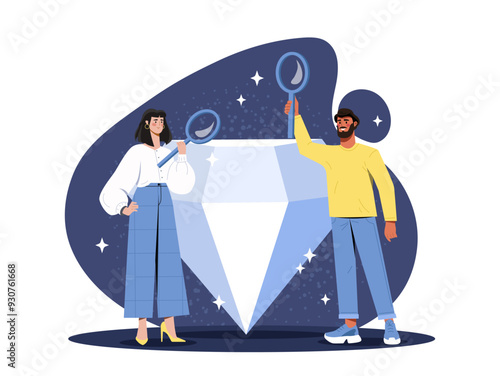 People with diamond. Man and woman with magnifying glass evaluate precious gem and brilliant. Aesthetics and elegance. Team of jewellers. Flat vector illustration isolated on white background