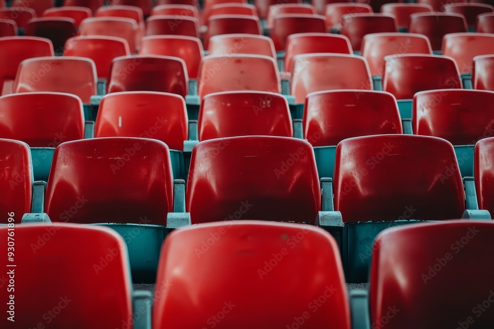 Naklejka premium Detailed view of empty red plastic stadium chairs arranged in symmetrical pattern