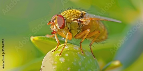 Olive Fruit Fly Bactrocera oleae on a Green Olive Fruit Female Fly Ready to Sting Berry Causing Economic Damage in Orchards due to Hatching Larvae Biological Invasion photo