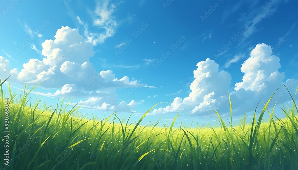 painting of a landscape with a dynamic blue sky filled with fluffy cumulus clouds and streaks of sunlight painting of a landscape with a dynamic blue sky filled with fluffy cumulus clouds and streaks of sunlight