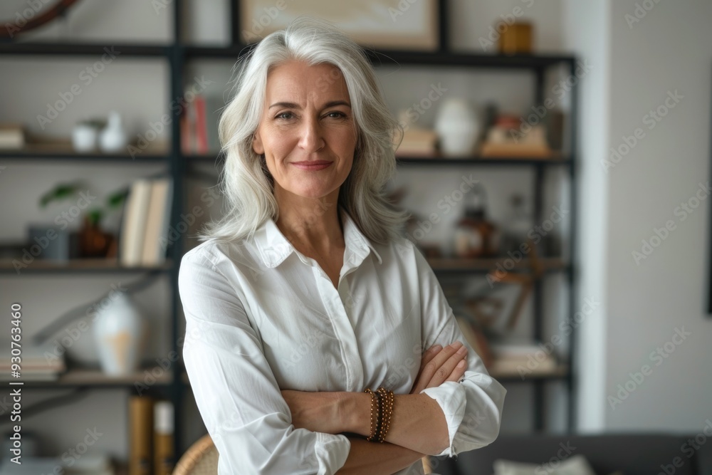 A woman stands confidently with her arms crossed, perfect for representing strength and determination A woman stands confidently with her arms crossed, perfect for representing strength and determination