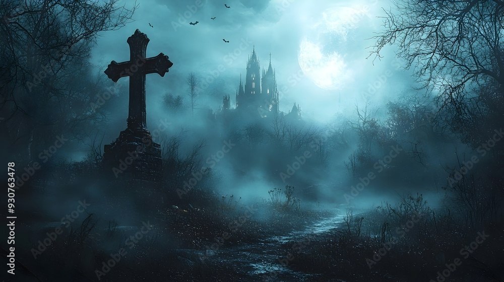 Cross in the Foggy Forest at Night. Cross in the Foggy Forest at Night.