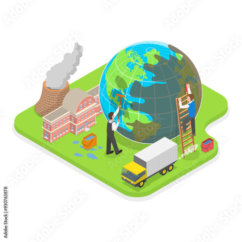 3D Isometric Flat Vector Illustration of Carbon Footprint Reduction , Net Zero Emissions and Carbon Dioxide Neutral Balance. Item 1