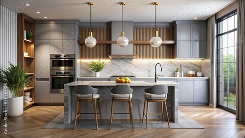 Wallpaper Mural Stylish modern kitchen with sleek appliances, marble countertops, and pendant lighting, surrounded by minimalist decor, in a vibrant and trendy vector illustration style. Torontodigital.ca