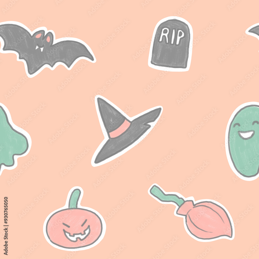 Fototapeta premium Seamless Halloween pattern with cute kid illustrations with white borders. Happy ghost, bat, pumpkin lantern, grave and witch hat. Holiday design pattern on orange background.
