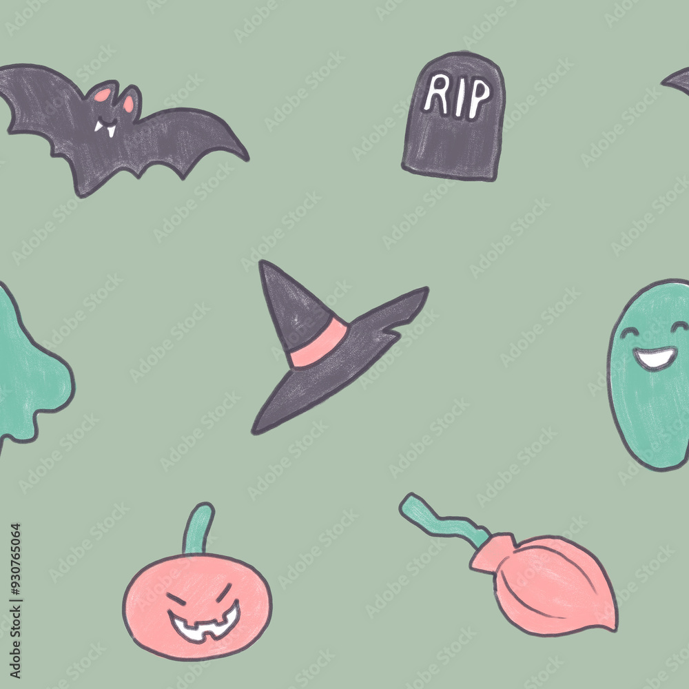 Seamless Halloween pattern with cute kid illustrations. Happy ghost, bat, pumpkin lantern, grave and witch hat. Holiday design pattern on green background. Seamless Halloween pattern with cute kid illustrations. Happy ghost, bat, pumpkin lantern, grave and witch hat. Holiday design pattern on green background.