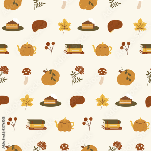 Autumn seamless pattern with leaves, mushrooms, pumpkins, berries, teapot, blanket, elements